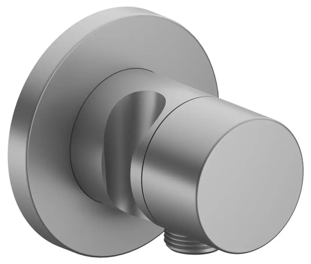Rundes Absperrventil in Aluminium-Finish von Keuco, geeignet für Schlauchanschlüsse und Duschinstallationen, montiert an einer Wand.